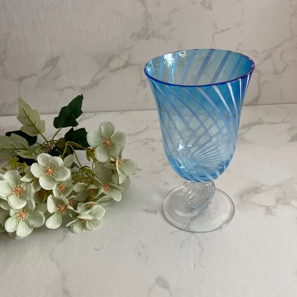 Beautiful Blue With White Swirl Design Art Glass Vase,  Candle Holder
